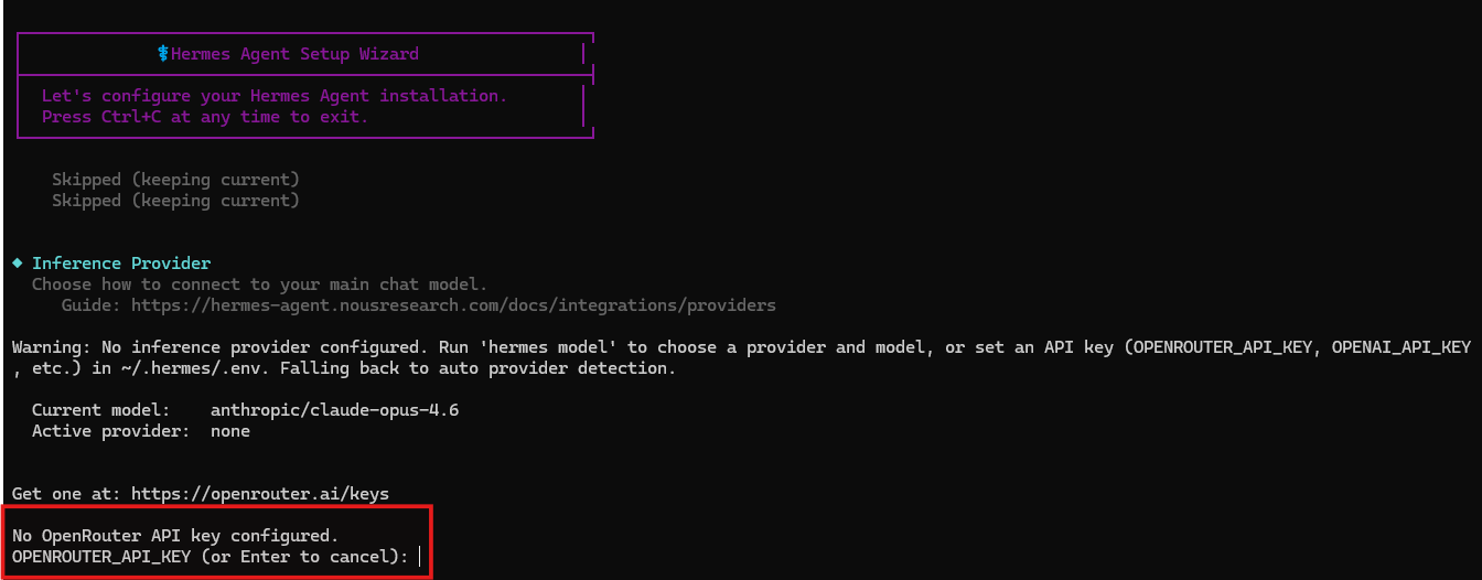 Hermes proszący o klucz API OpenRouter podczas konfiguracji