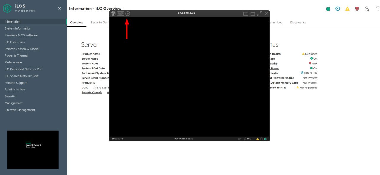 Abra la consola HTML5 de HPE iLO 5 y el menú de medios virtuales