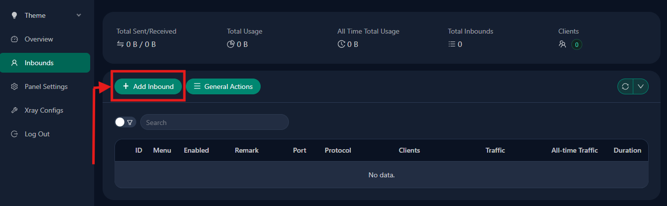 Placeholder: aktueller 3x-ui Inbound-Bildschirm zeigt Protokollauswahlen