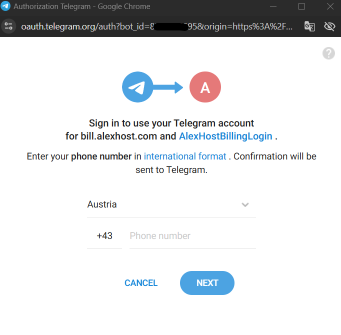 Telegram authorization window for AlexHost Billing