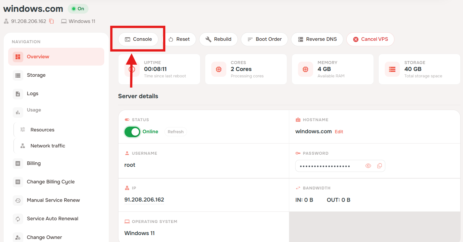 Open the console from the VPS page