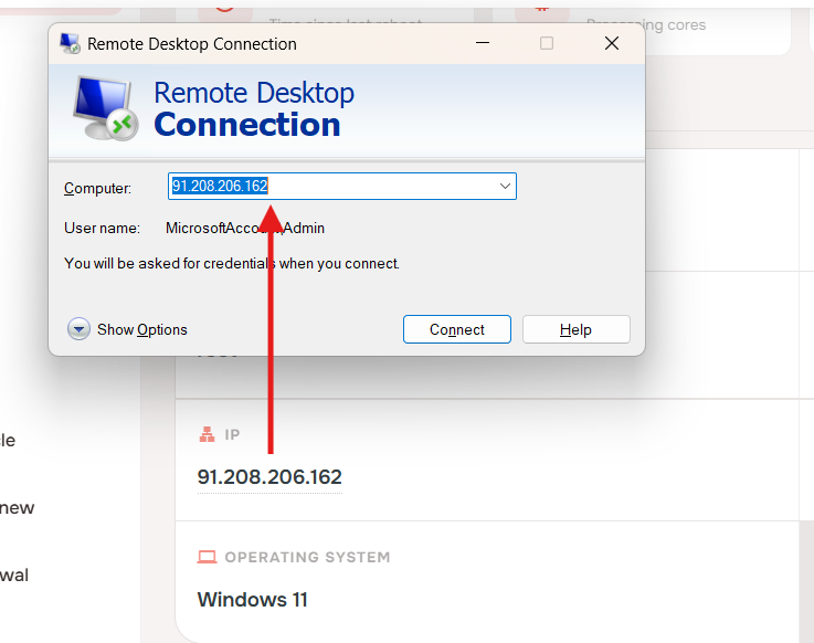 Open Remote Desktop and enter the VPS IP